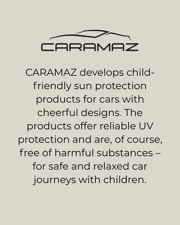 Text reads 'CARAMAZ develops child-friendly sun protection products for cars with cheerful designs. The products offer reliable UV protection and are, of course, free of harmful substances - for safe and relaxed car journeys with children.' Stylized car logo shown.