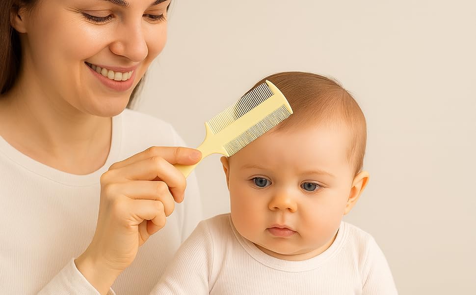 Three-pack of sleek baby fine-tooth combs with dual-sided teeth, held in hand to show size and grip