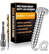 Xpokcai 25 Sets 1/4" x 1-1/4" Hex Head Lag Screws for Wood, Hex Head Lag Bolts,304 Stainless Stee...