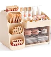 Booklov Large Makeup Organizer for Vanity Countertop, Cream | Clear Acrylic Cosmetic Display Case...
