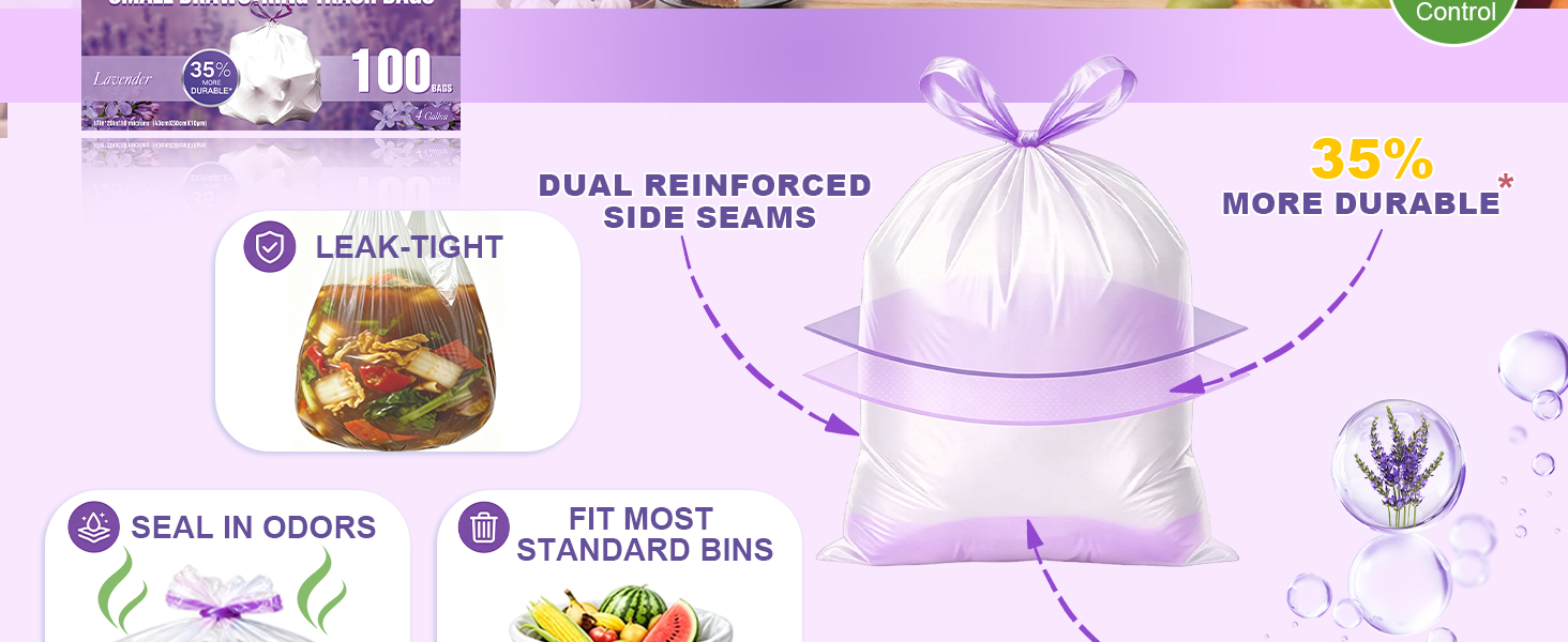 35% more durable*; Dual reinforced side seams; Leak-Proof Reinforced Bottom