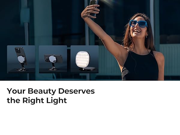Text reads 'Your Beauty Deserves the Right Light'. Series of beauty lighting demonstration images showing different lighting effects on makeup application.