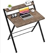 Folding wooden desk with dark metal frame, featuring built-in storage compartments and a rustic brown finish.