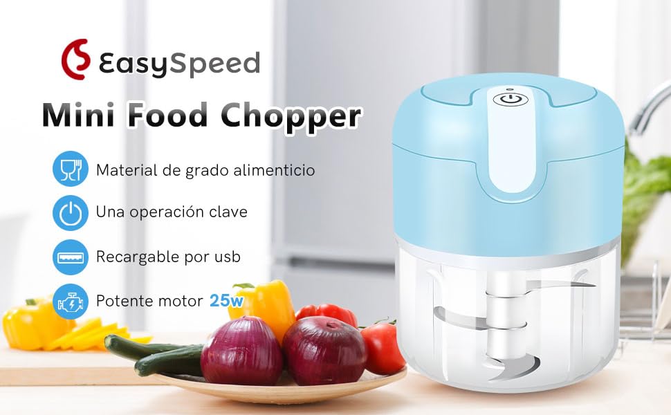 EasySpeed Mini Food Chopper, a compact blue and white electric appliance. Features include food-grade material, one-touch operation, USB rechargeable, and 25W motor.