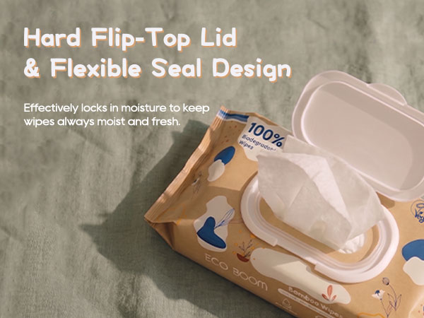 Moisture-lock flip-top lid bamboo wipes to prevent drying out, ensuring fresh and moist.