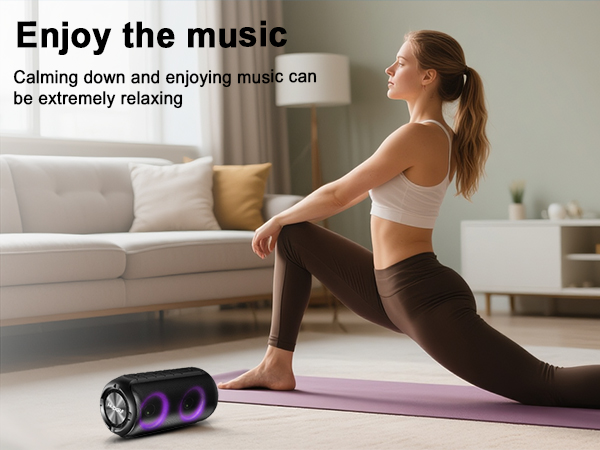 Text reads 'Enjoy the music' and 'Calming down and enjoying music can be extremely relaxing'. Series of images showing someone exercising on a yoga mat with a water bottle nearby.