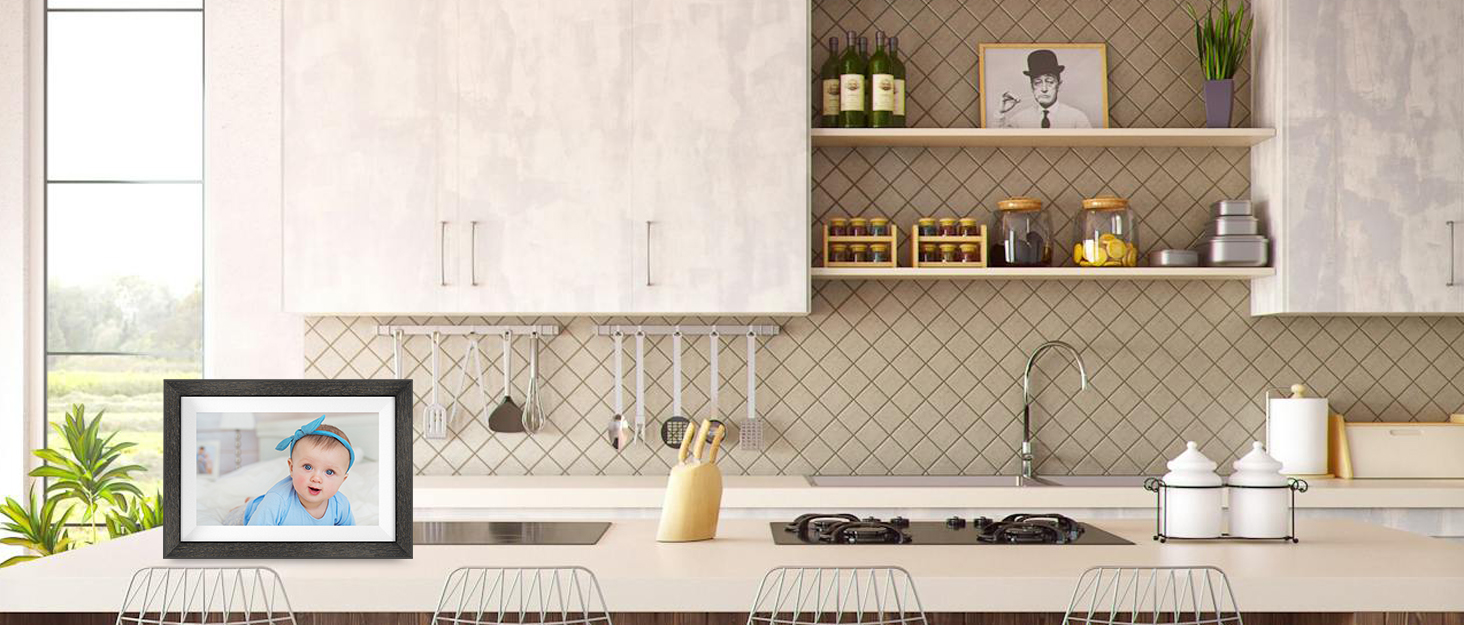 wood digital picture frame in the kitchen