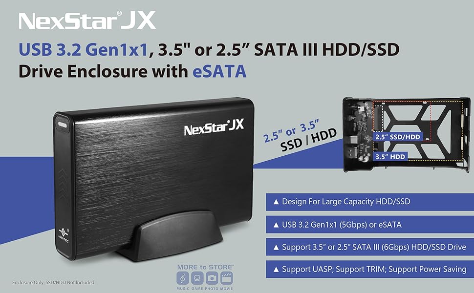USB 3.2 Gen1x1, 3.5" or 2.5” SATA III HDD/SSD Drive Enclosure with eSATA