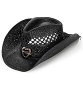 ZAVOOS Straw Cowboy Hat, Western Style Summer Coastal Cowgirl Hat with Heart Band Wide Shapeable ...