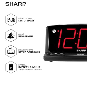 Sharp Digital clock red led easy to use loud alarm for heavy sleepers great for teens kids children 