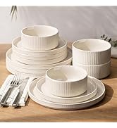GBHOME Stoneware Dinnerware Sets for 4, 12 Pieces Ceramic Ribbed Plates and Bowls Set, Reactive G...