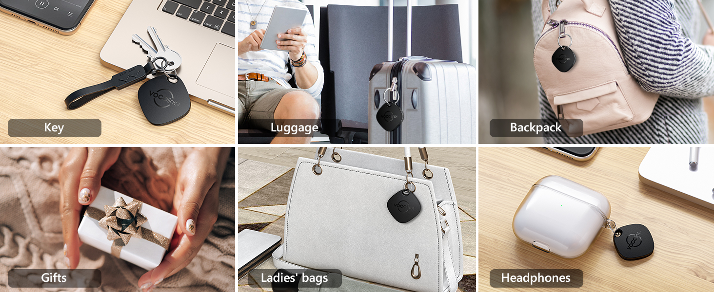 Small round black tracking device shown in multiple use scenarios: with keys, luggage, bags, and headphones, demonstrating various attachment methods.