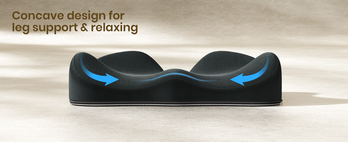 Text reads 'Concave design for leg support &amp; relaxing'. Memory foam seat cushion with ergonomic contoured design and blue wing accents on black material.