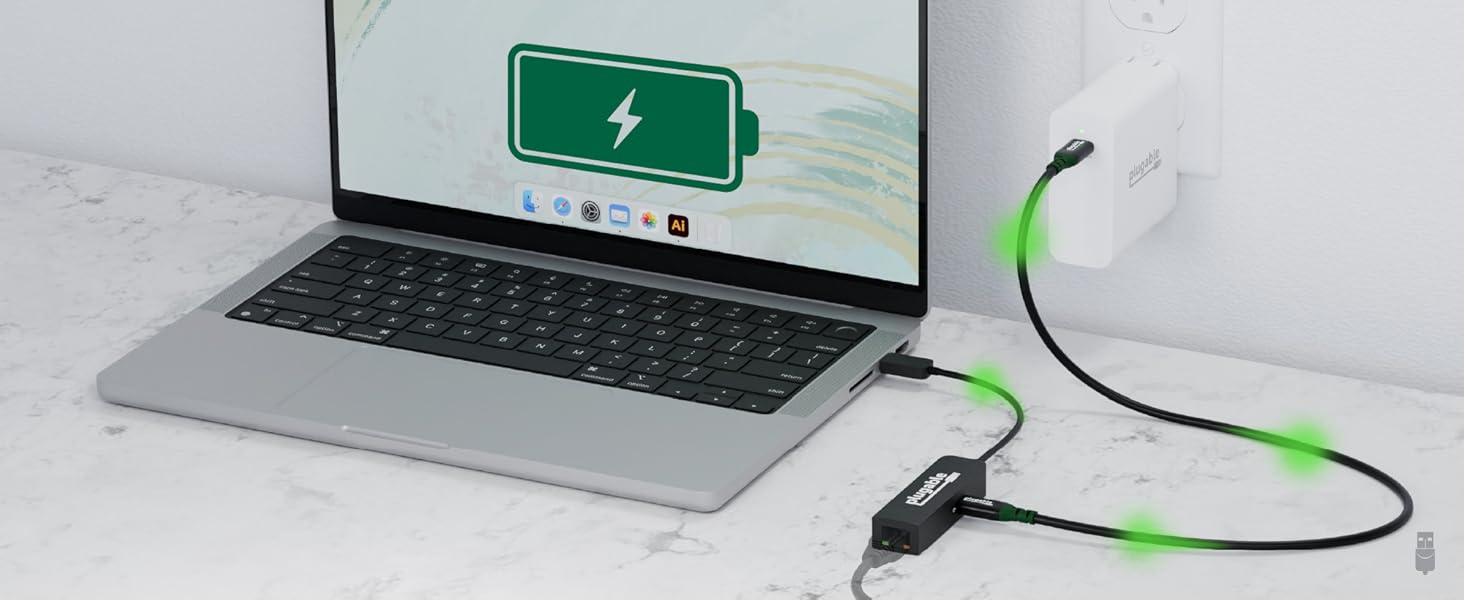 Plugable USB C 2.5Gbps Ethernet adapter providing pass through charging to laptop