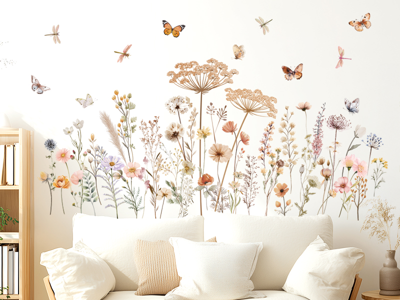 Decorative wall decal or wallpaper design featuring delicate floral patterns with butterflies in rose gold or copper tones against white background.
