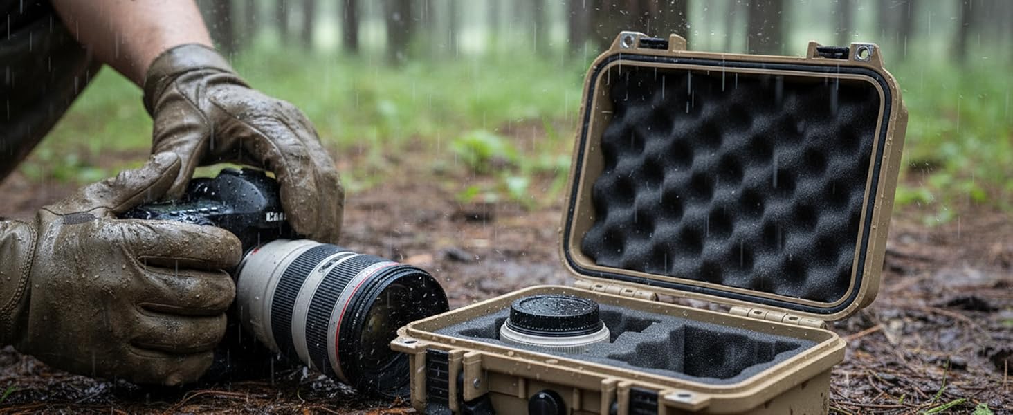 Multiple panels showing protective camera equipment cases opened on forest ground, displaying professional camera gear and accessories inside foam-padded compartments.