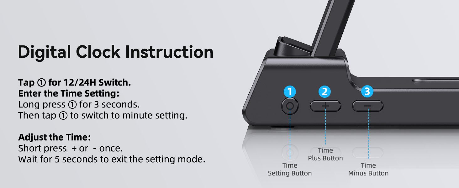 Text reads 'Digital Clock Instruction'. Series of instruction panels showing how to adjust settings on what appears to be a car accessory device.