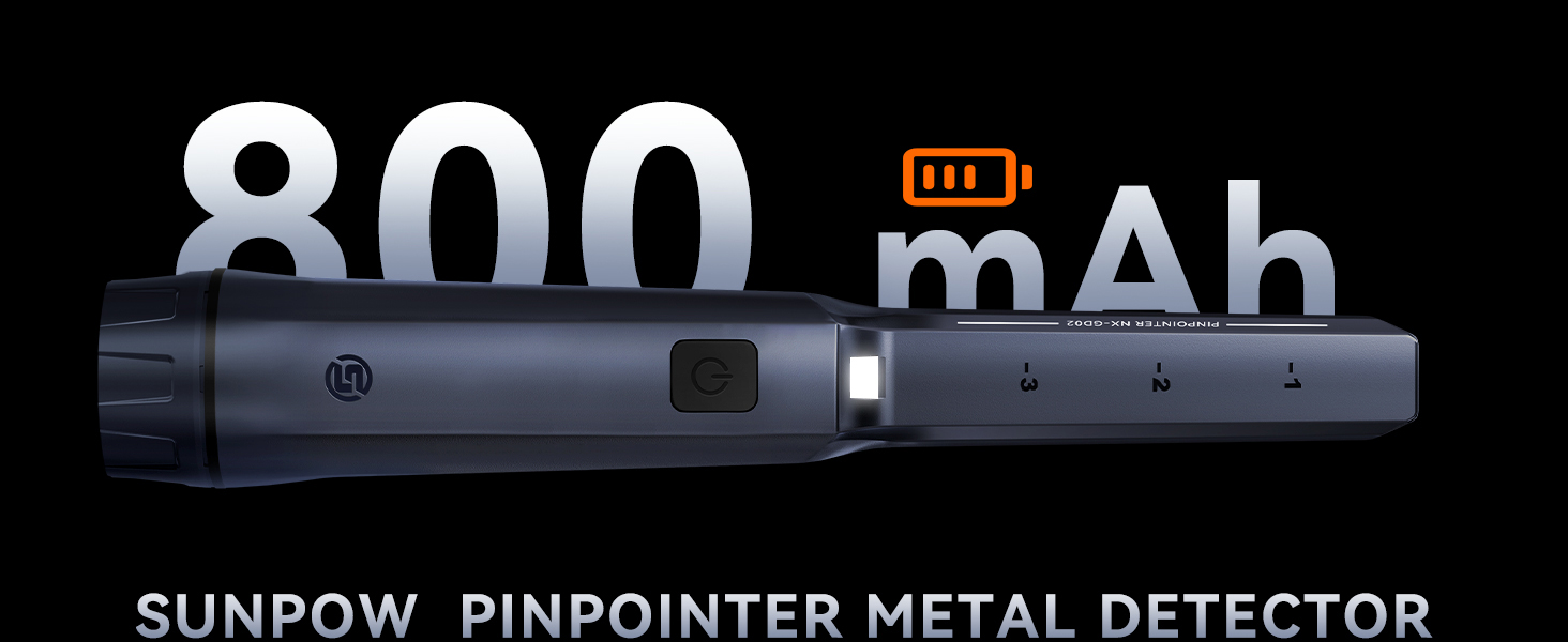 SUNPOW rechargeable pinpointer with 800mAh battery lasting 15 hours for treasure hunting.