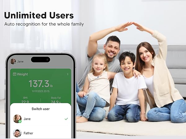 Body fat measurement device with unlimited user profiles and auto recognition for the whole family.
