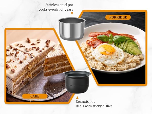 Ceramic pot conquers sticky disasters while stainless steel poy maintains perfect heat for decades