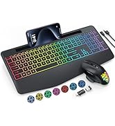 Wireless Keyboard and Mouse with 9 Colored Backlit, Wrist Rest, Jiggler Mouse, Rechargeable Silen...