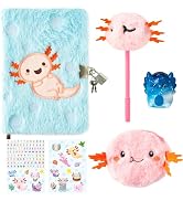 CY2SIDE 6PCS Axolotl Diary with Lock and Keys for Kids, Axolotl Plush Secret Diary Notebook with ...