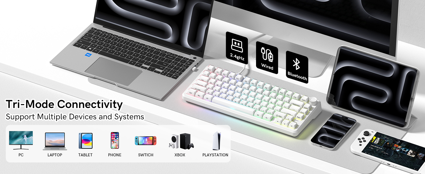 Supports 3 modes (2.4GHz, wired, Bluetooth), compatible with multiple devices