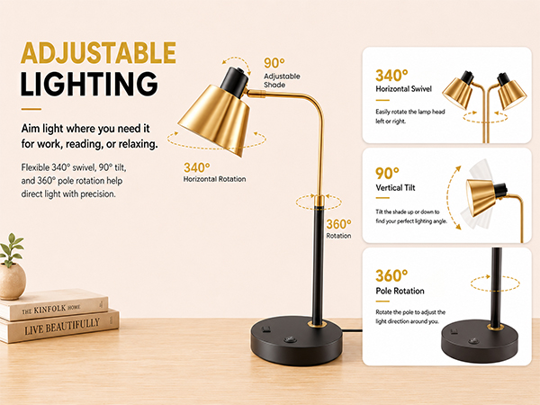 Metal desk lamp with multi-angle adjustable lamp head for reading and working