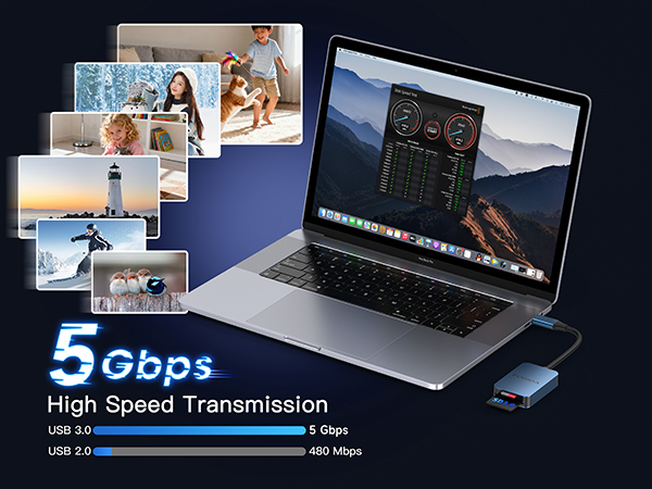 Text reads '5Gbps High Speed Transmission'. Laptop display showing multiple photo thumbnails with data transfer visualization and device connectivity illustration.