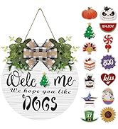 Interchangeable Wooden Seasonal Welcome Wreath, Rustic Round Dogs Front Door Wreaths for Home/Wal...