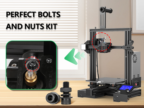 3D printer hardware components featuring bolts and nuts kit, with detailed close-up of mounting mechanism and full printer frame view.