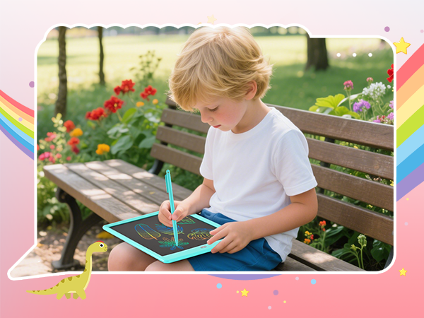 Child sitting on wooden bench in garden setting using tablet device, with decorative rainbow frame border around image.