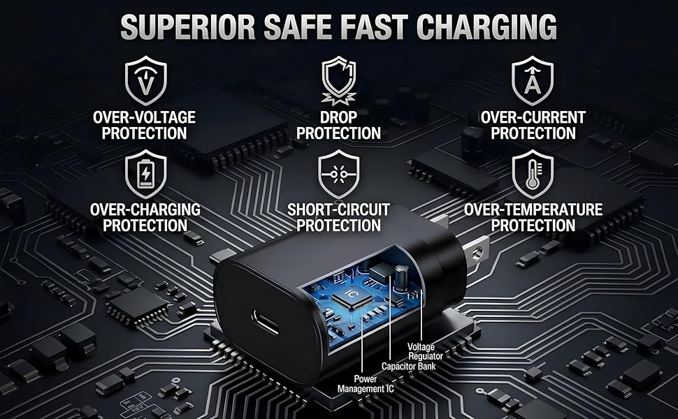 25W charger internal diagram: power IC, voltage regulator, and over-voltage safety protection.