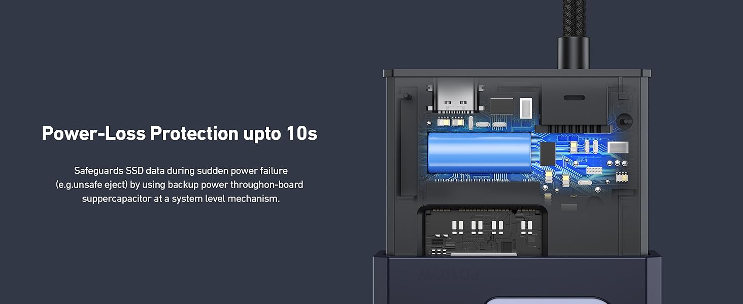 Text reads 'Power-Loss Protection upto 10s'. Technical product image showing close-up of electronic device interface with blue LED display and control buttons.