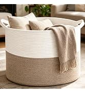 HZFTJOY Large Woven Blanket Basket,65L Cotton Rope Laundry Basket | Collapsible Nursery Storage B...