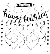 Black Happy Birthday Banner Decoration Kit, Glittery Banner Circle Dots Garland with Black Silver...