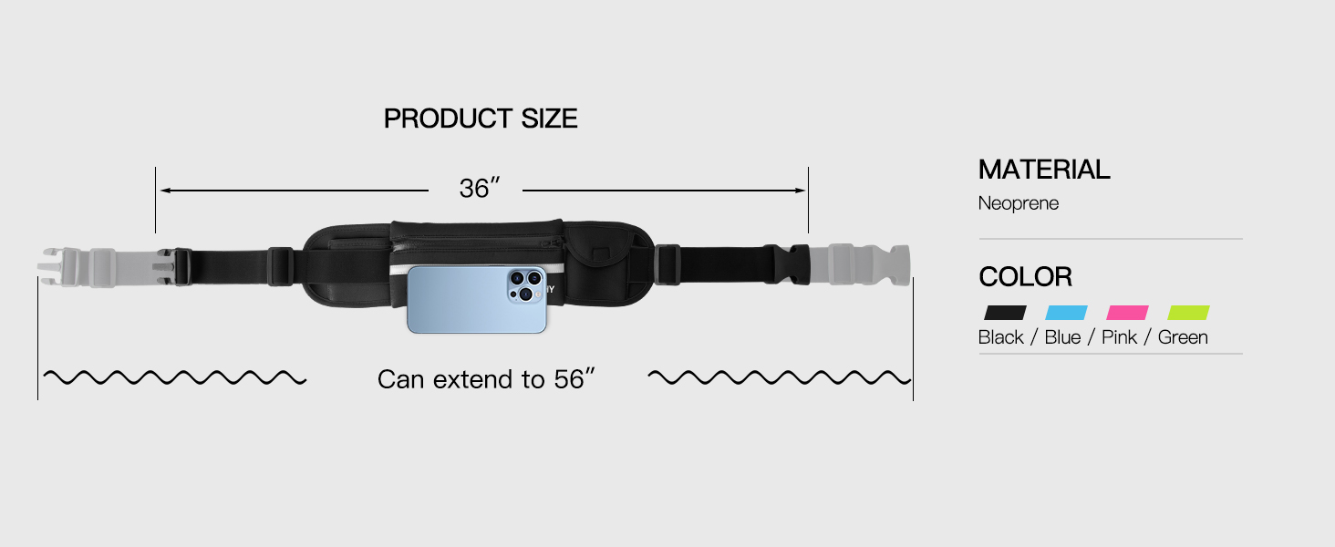 Product size diagram for an adjustable belt. Shows length up to 55 inches. Material options listed as genuine leather, PU, and canvas.