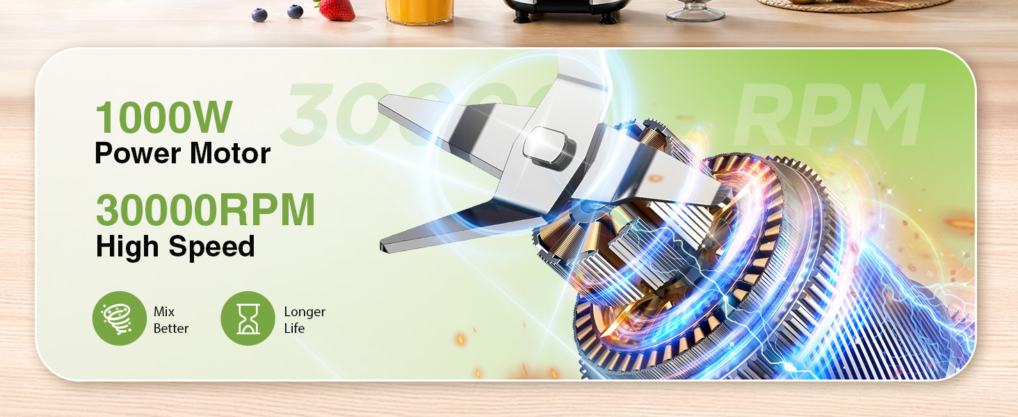 Max 1000w power motor of this blenders for smoothies with 30000 rpm high speed