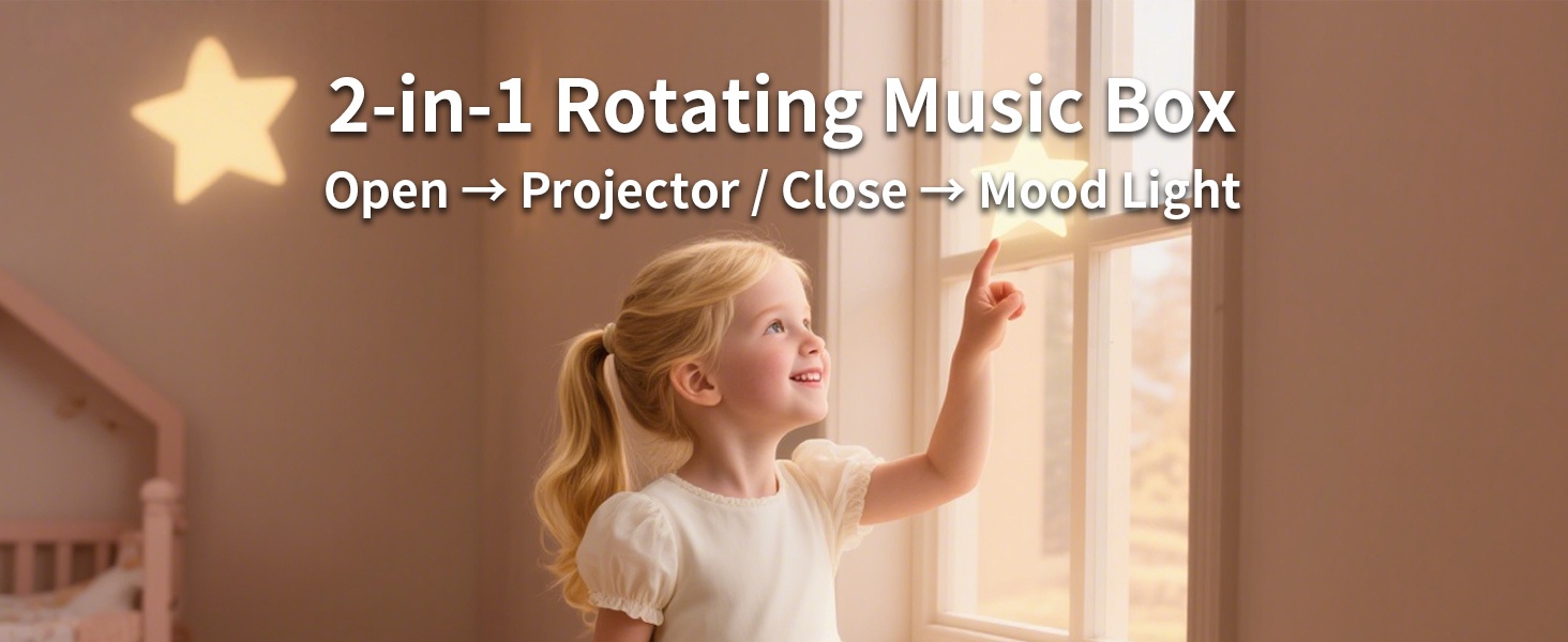 The rotating stars and moons paint the ceiling, turning your child’s bedroom into a serene galaxy