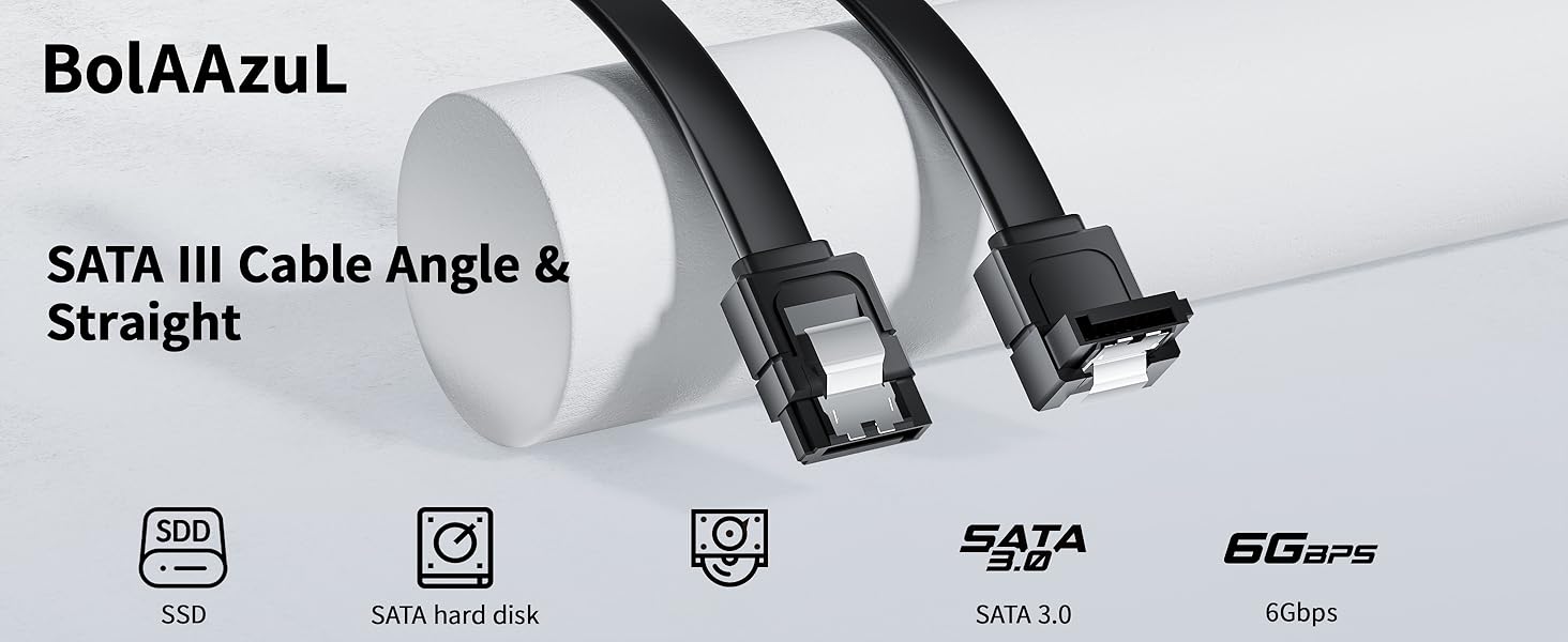 SATA Cable III, BolAAzuL 2 Pack SATA Cable III 6Gbps Straight and Right Angle HDD SDD Data Cable