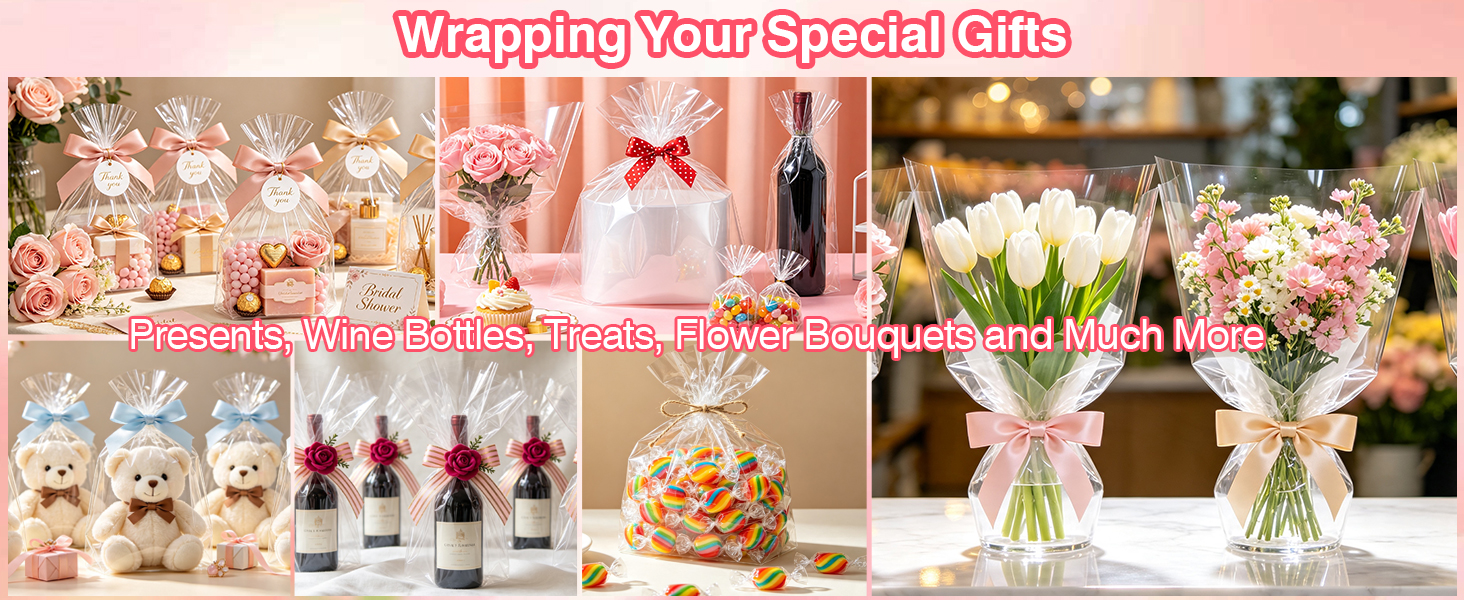 The celephane wrap will bring a professional look to your gifts. Perfect for flower wrap bouquets