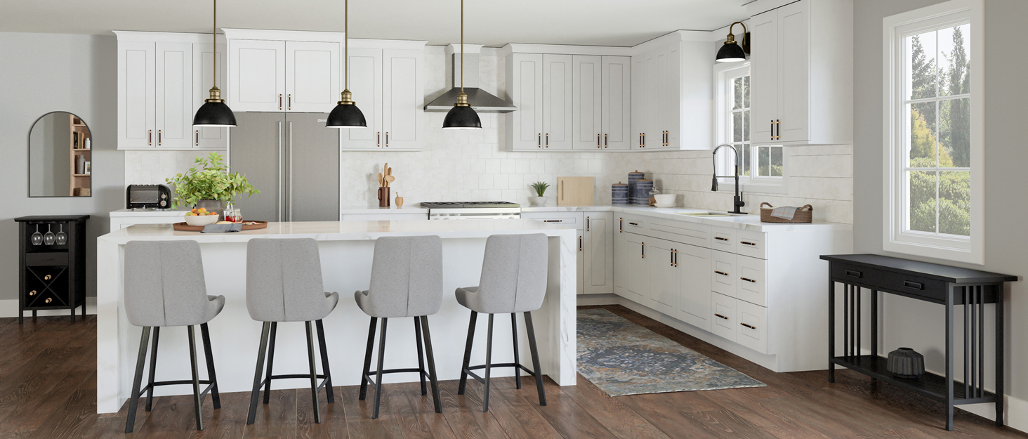 Modern decorated kitchen with white kitchen cabinets, barstools, lighting fixtures, and furniture