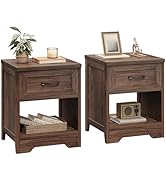 AODK Farmhouse Nightstand Set of 2, Rustic End Tables with Drawer &amp; Open Storage, Wood Bedside Ta...