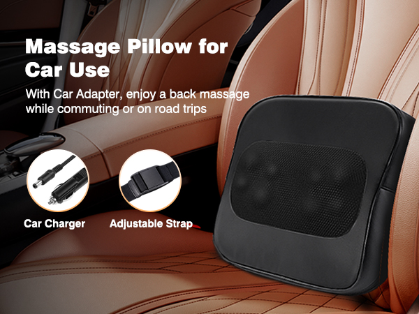 Car massage pillow with adjustable strap and car charger. Black cushion designed for back support during road trips, as indicated by on-screen text.