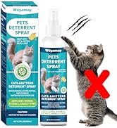 Pet detergent spray product showing box packaging and spray bottle with cat illustration, featuring blue and white design.