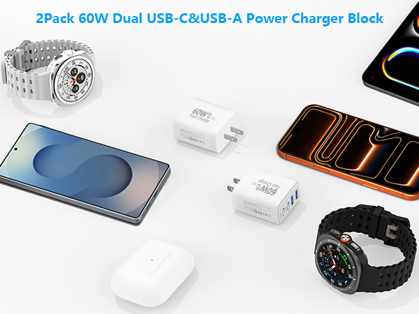 2Pack 60W 4Port USB C Wall Charger Block Dual PD+QC Power Type C Fast Charging Adapter USB-A Charge