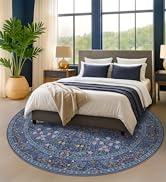 8ft Dark Blue Washable Living Room Rugs,Non Slip Big Round Area Rug for Dining Room, Non Skid wit...