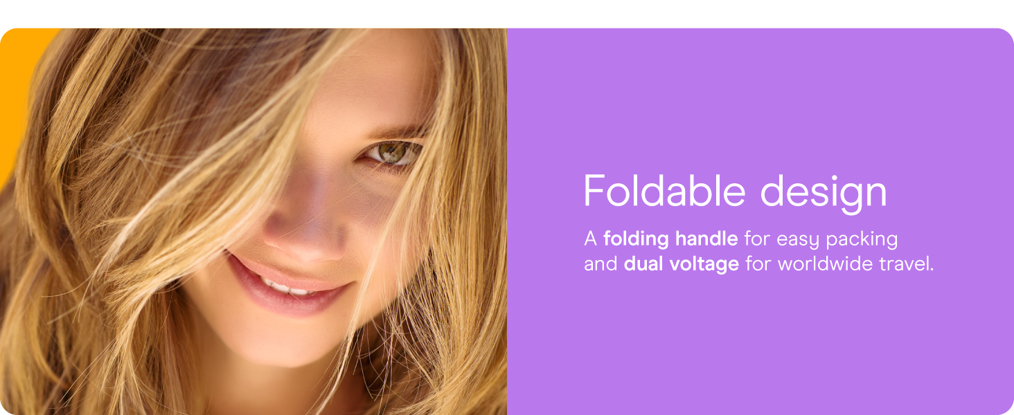 Conair small, mini, and compact hair dryer for travel. Handle folds for easy storage.