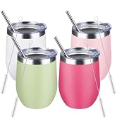 12oz/4 Pack Stainless Steel Wine Tumbler with Lids, Double WallVacuum Stainless Steel Travel Tumb...