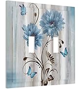 Rustic Floral Blue Daisy on Country Wood Double Toggle Light Switch Cover Decorative Butterfly 2 ...